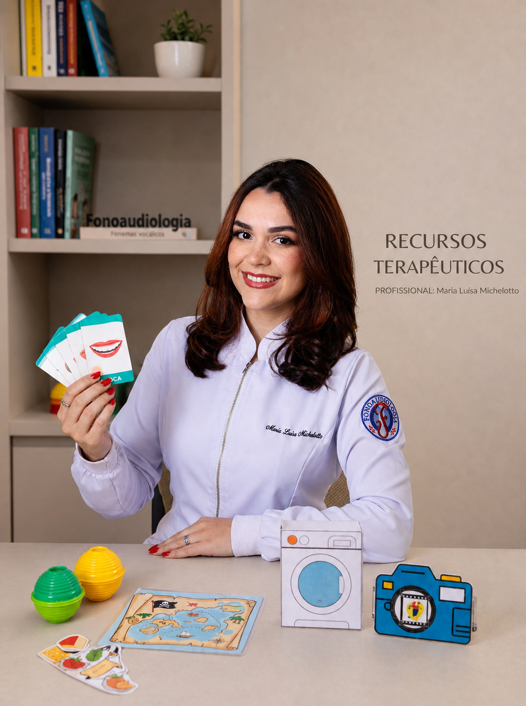 Maria Luísa Micheletto, fonoaudióloga, com os recursos terapêuticos